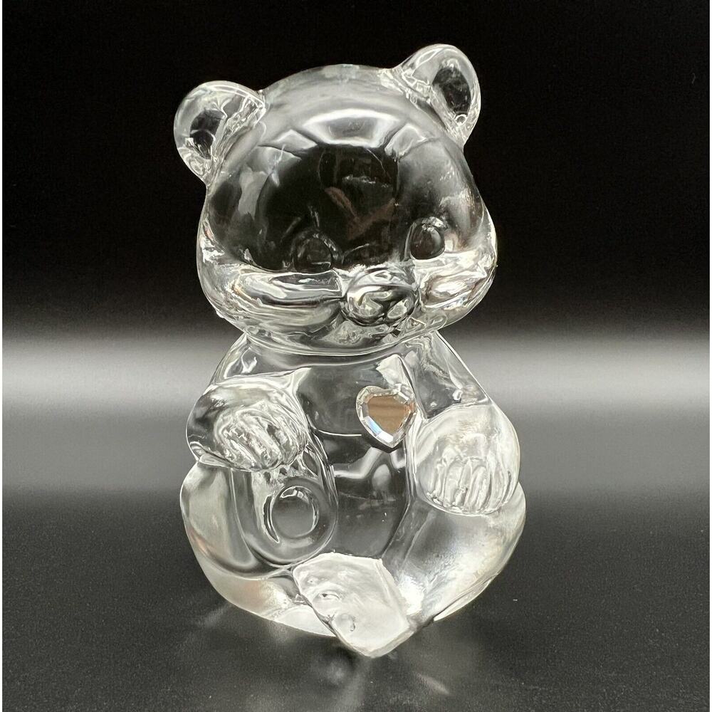 Fenton Art Glass 4” Bear Figurine ~ April Birthstone Clear Diamond Heart